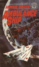 Cover showing a wedge shaped ship bearing red cross livery approaching a badly damaged spherical station